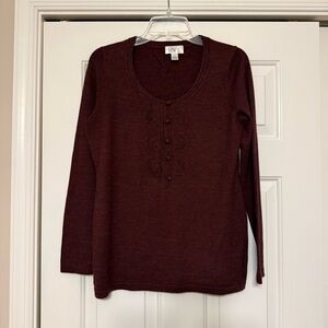 Ann Taylor Loft Women’s Top Burgundy Buttons And Embroidered Front Size M